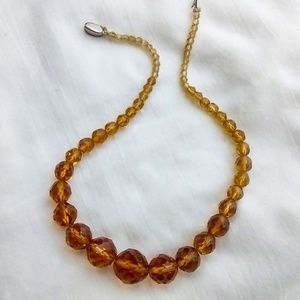 Vintage Mid Century Amber Colored  Beaded Short Necklace / Choker Style